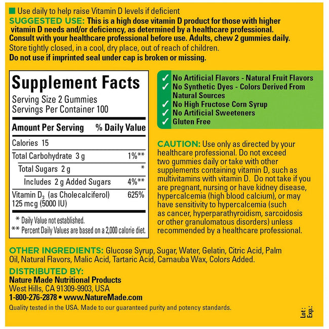 Nature Made D3 5000 Gummies Extra-Strength Vitamin (125 Mcg) (200 Ct.)