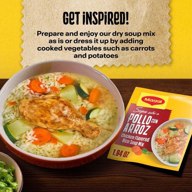 Maggi Arroz Chicken Sopa Sabor a Pollo Con Arroz Chicken Flavored Rice Soup Mix, Instant Soup Packets 1.94 Oz