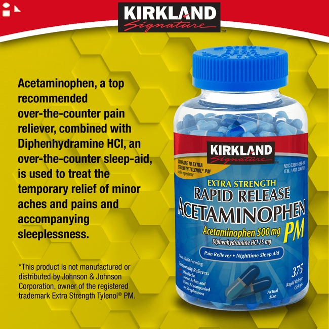 K.S Signature Rapid Released Acetaminophen PM, 500 Mg, 375 Caps Extra Strength | Compare to Tylenol PM Active Ingredients 