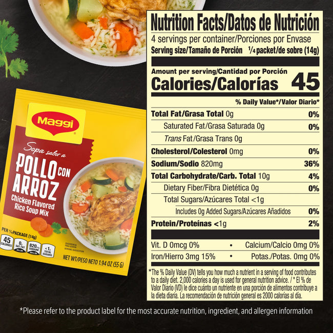 Maggi Arroz Chicken Sopa Sabor a Pollo Con Arroz Chicken Flavored Rice Soup Mix, Instant Soup Packets 1.94 Oz